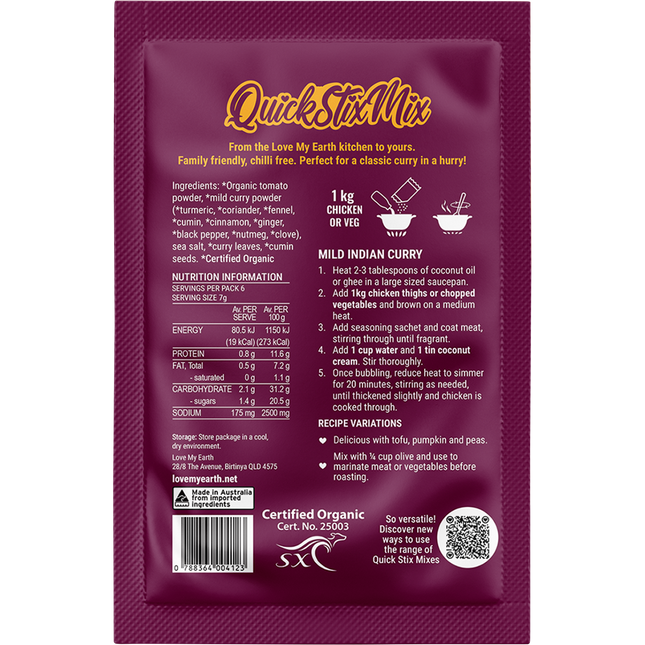 Love My Earth Quick Stix Mix Organic Recipe Base Mild Indian Curry