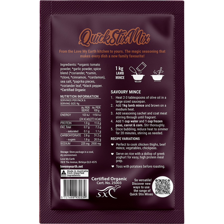 Love My Earth Quick Stix Mix Organic Recipe Base Savoury Mince