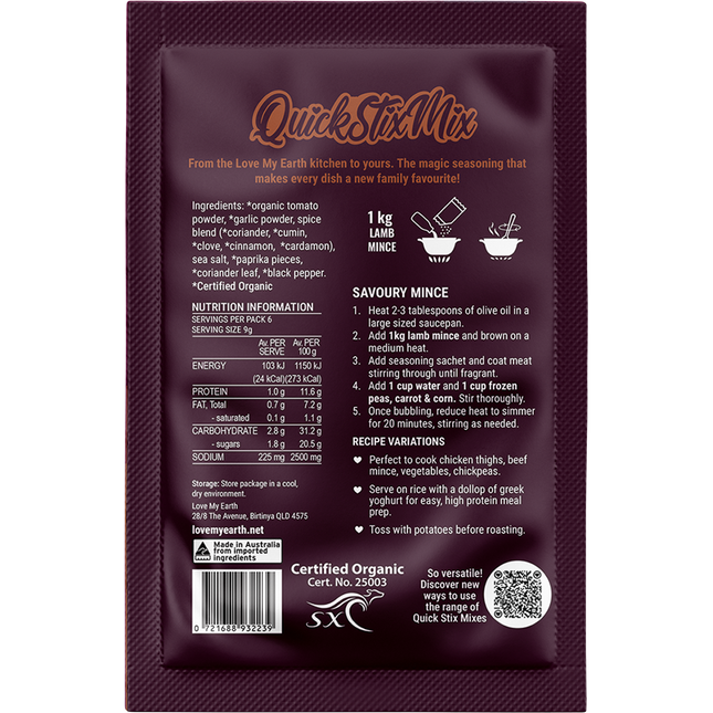 Love My Earth Quick Stix Mix Organic Recipe Base Savoury Mince