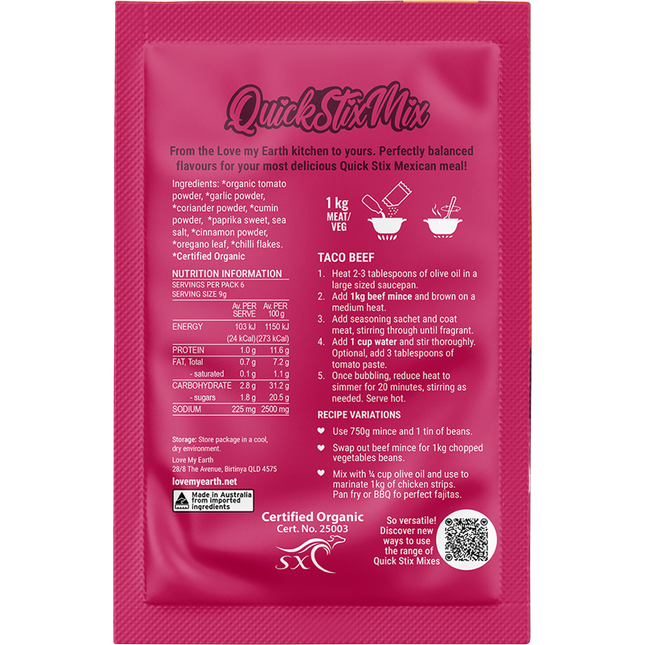 Love My Earth Quick Stix Mix Organic Recipe Base Taco