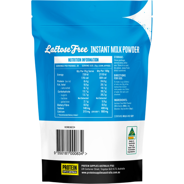 Lactose-free instant milk powder in a container, perfect for a creamy, digestive-friendly milk option.