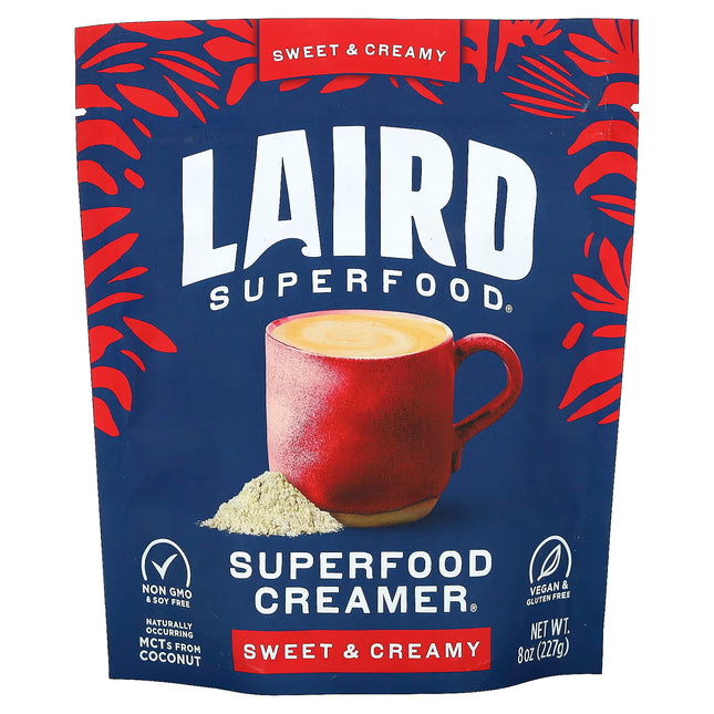 Laird Superfood Creamer package with a red cup and cream on a blue background