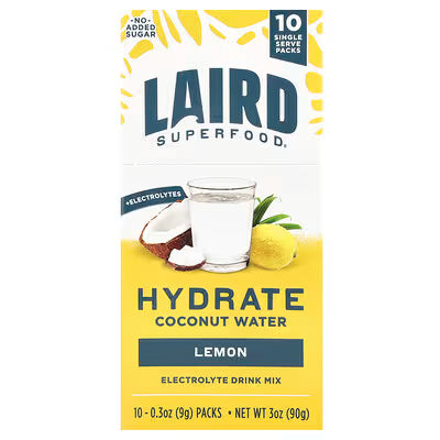 Box of Laird Superfood Hydrate Coconut Water Lemon drink mix on a white background