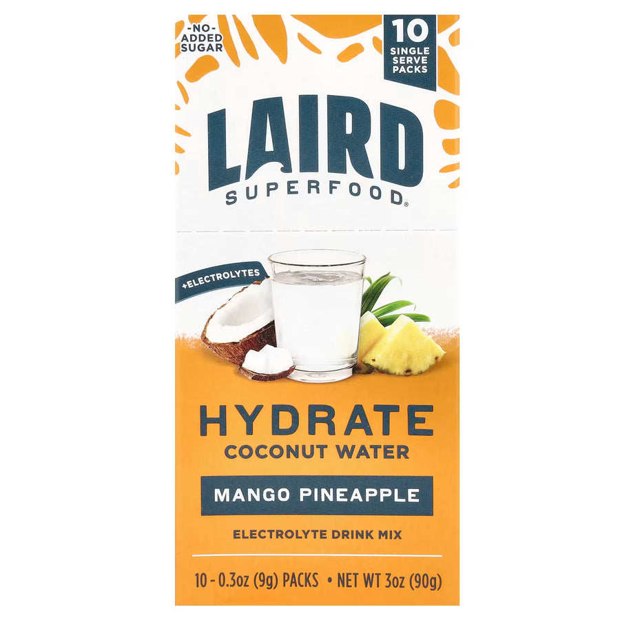 Box of Laird Superfood Hydrate Coconut Water Mango Pineapple drink mix on a white background