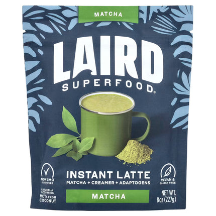 Laird Superfood Matcha Instant Latte package with a green mug and matcha leaves on a blue background.