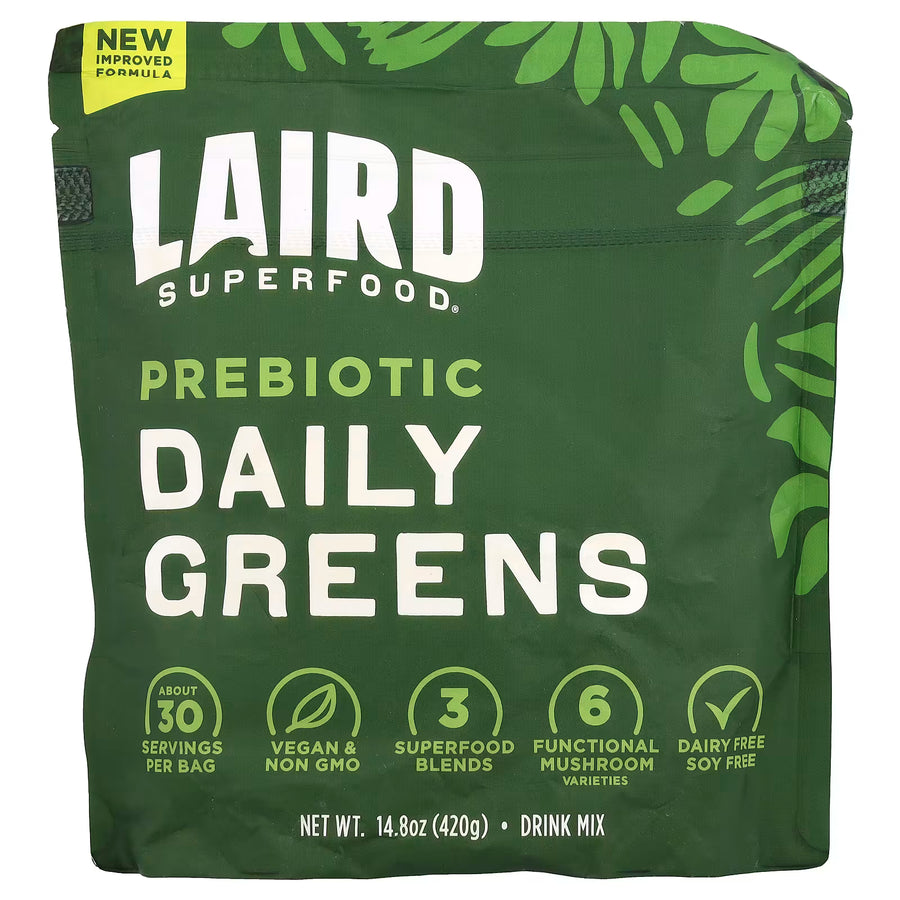Green package of Laird Superfood Prebiotic Daily Greens on a white background
