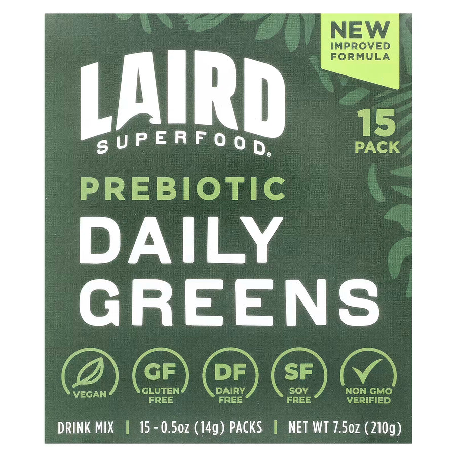 Box of Laird Superfood Prebiotic Daily Greens with green and white text on a dark green background.