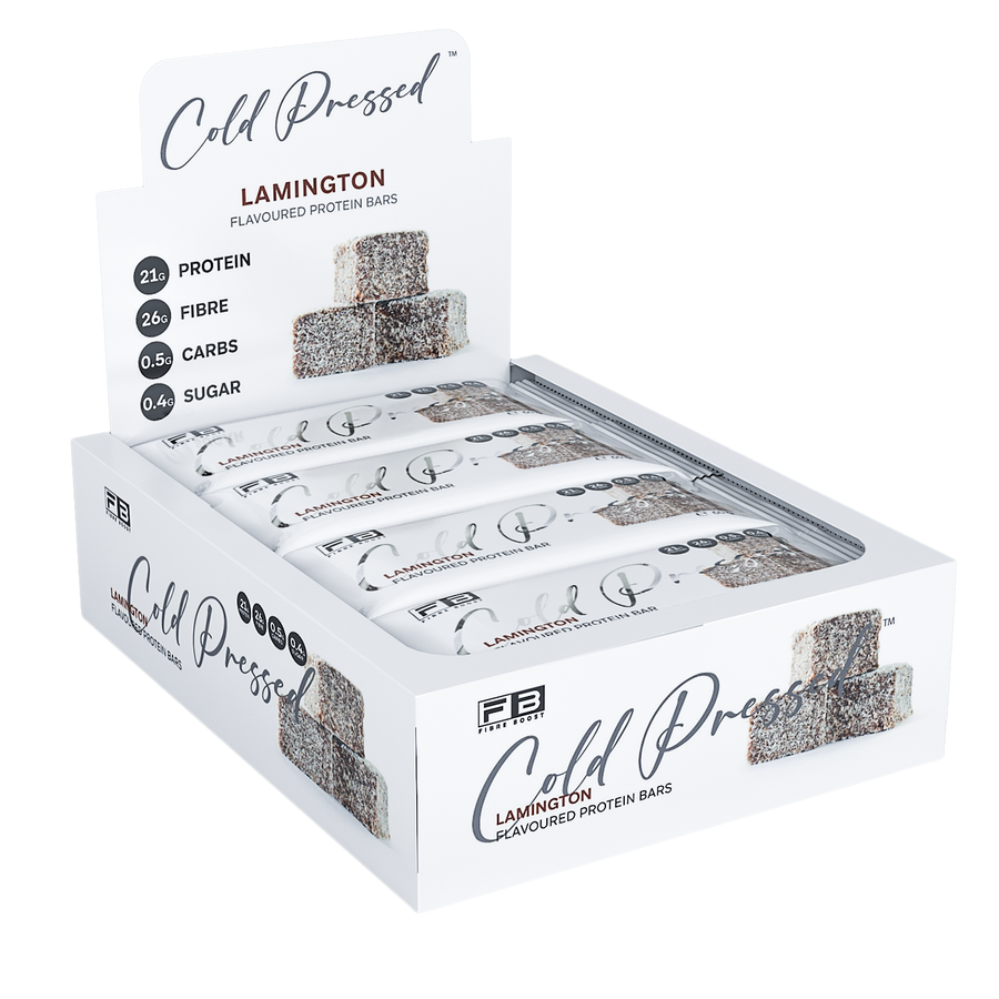 Box of Cold Pressed Lamington flavoured protein bars on a white background