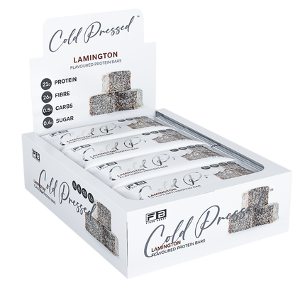 Box of Fibre Boost Lamington flavoured cold pressed protein bar on a white background
