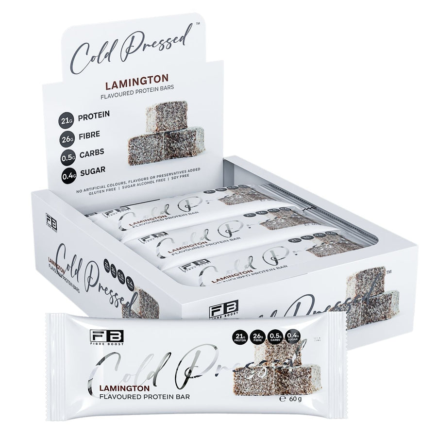 Box of Cold Pressed Lamington protein bars on a white background