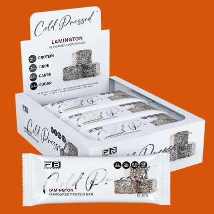 Box of Fibre Boost Cold Pressed Lamington Protein Bar on a white background