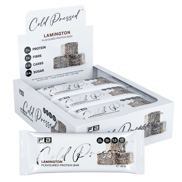 Box of Cold Pressed Lamington protein bars on a white background