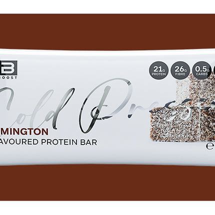 Protein bar packaging with Fibre Boost branding on a brown background