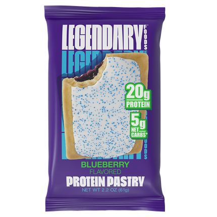 Purple package of Legendary Protein Pastry with blueberry flavor text on a white background