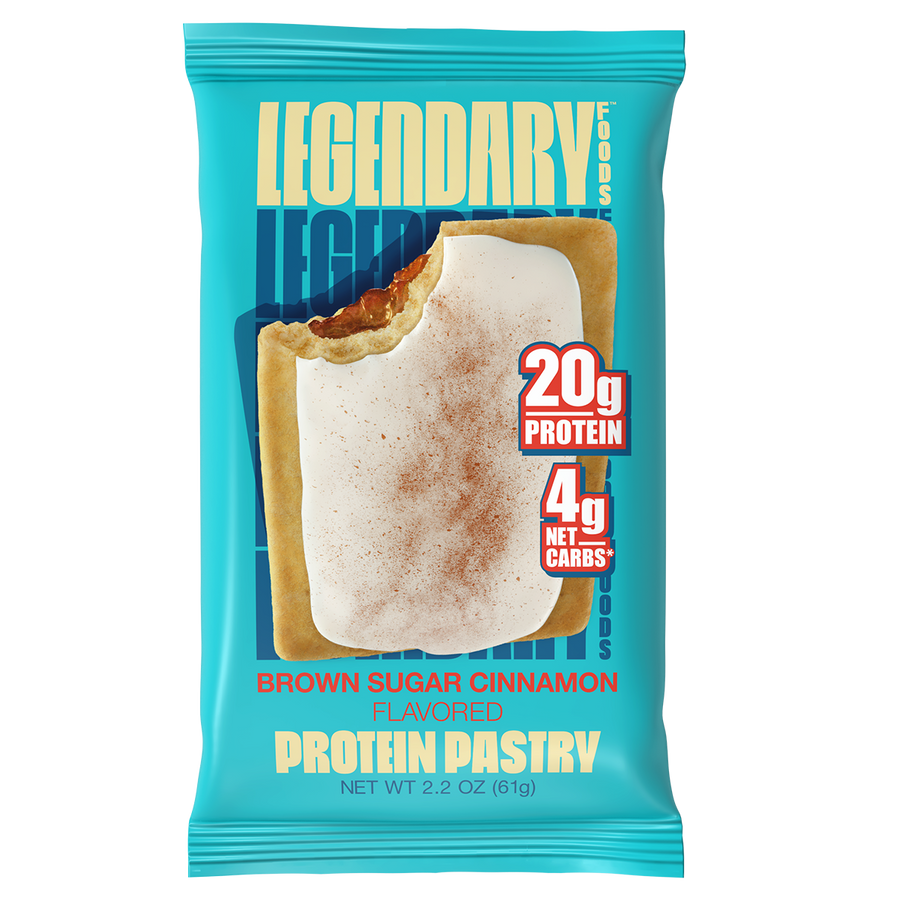 Legendary Foods packaged brown sugar cinnamon flavored protein pastry with Legendary Foods branding on a white background
