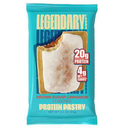 Legendary Foods packaged brown sugar cinnamon flavored protein pastry with Legendary Foods branding on a white background