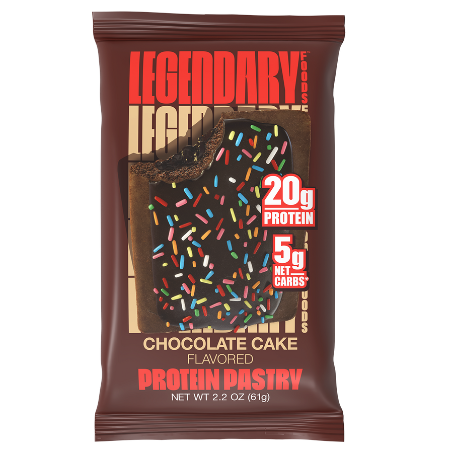 Legendary Foods Chocolate cake flavored protein pastry packaging with 'Legendary' branding on a white background
