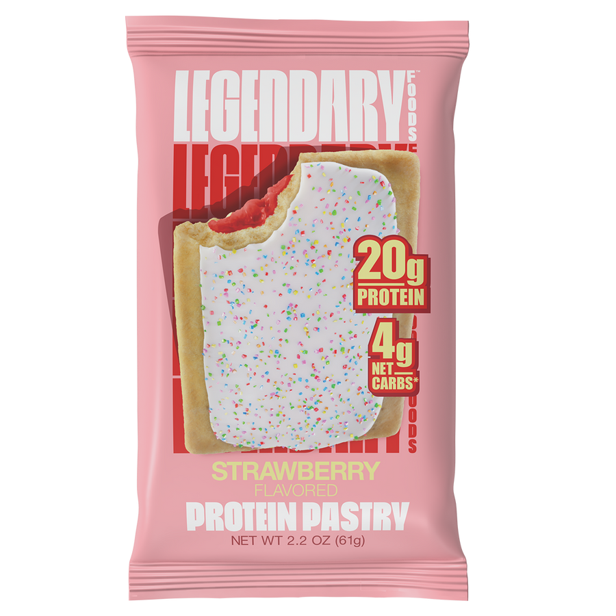 Legendary Foods Pink package of strawberry-flavored protein pastry with visible text and image on a white background