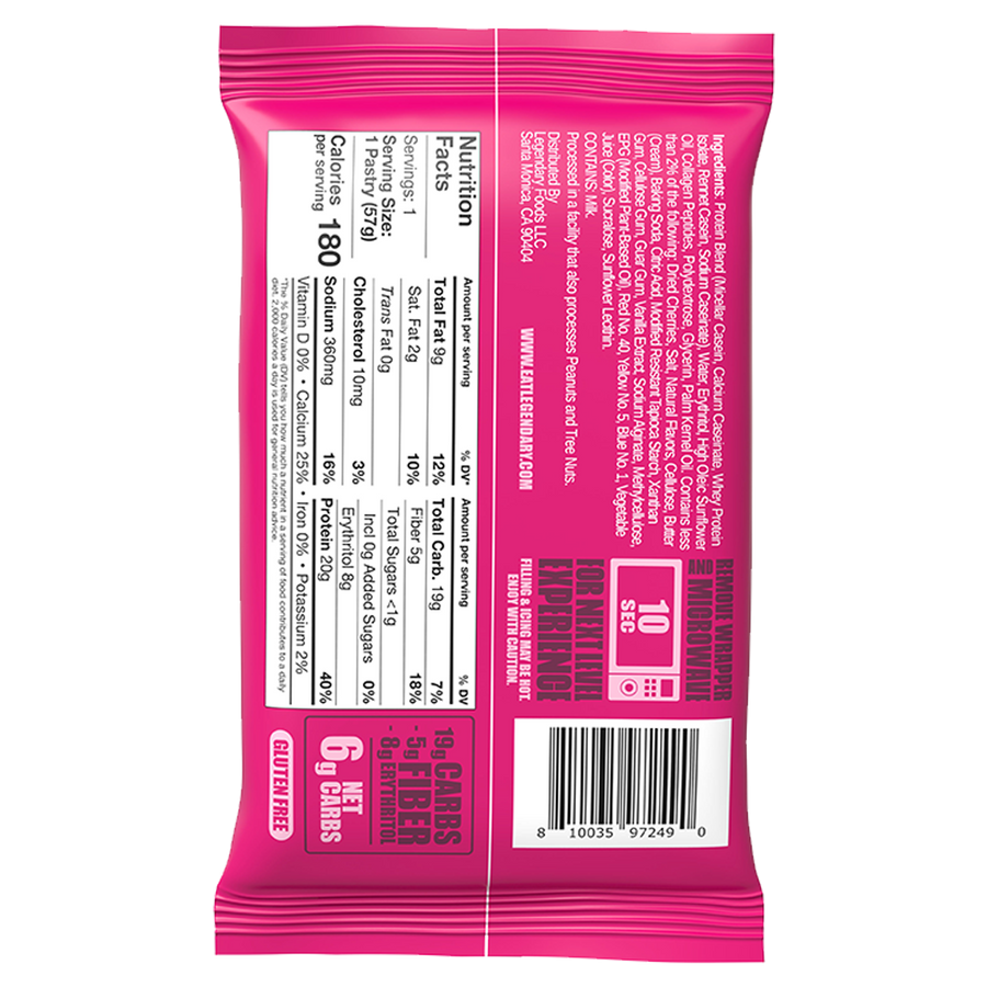 Pink snack bar package with nutrition label on a white background