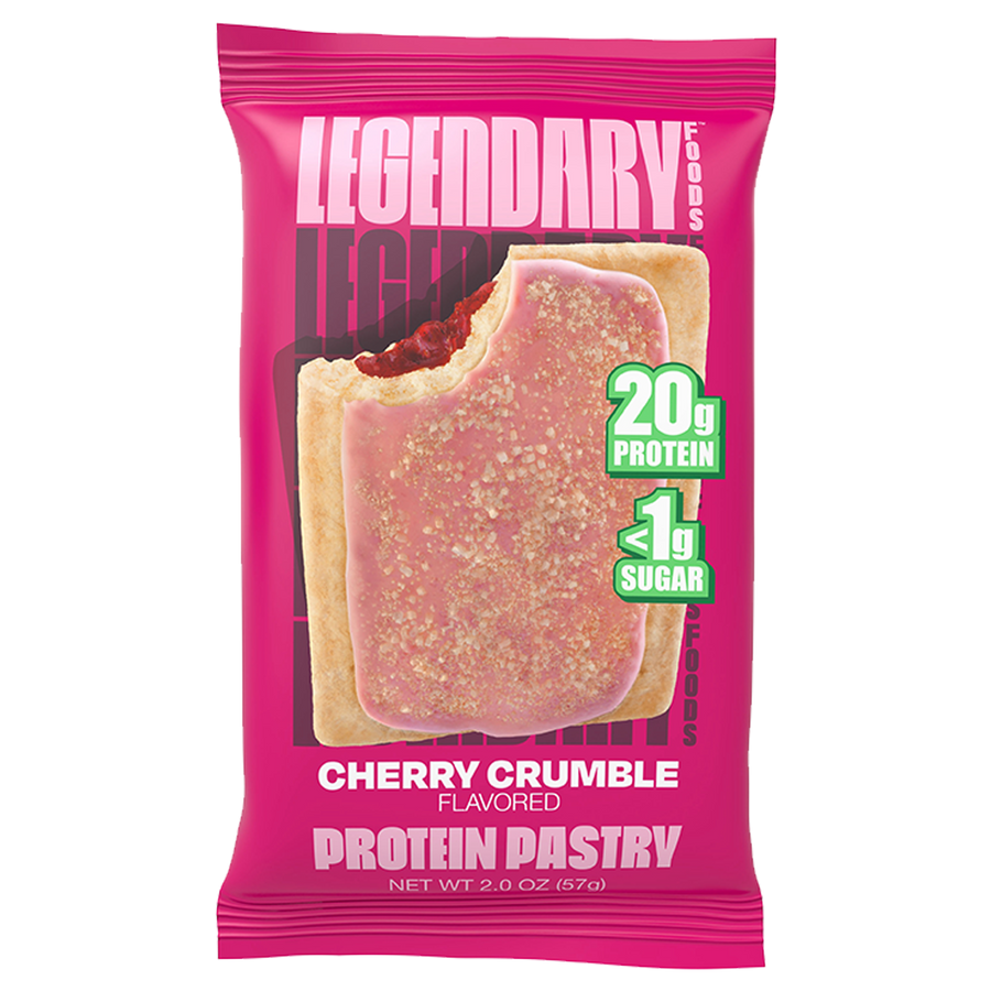 Legendary Foods Cherry Crumble flavored protein pastry on a white background