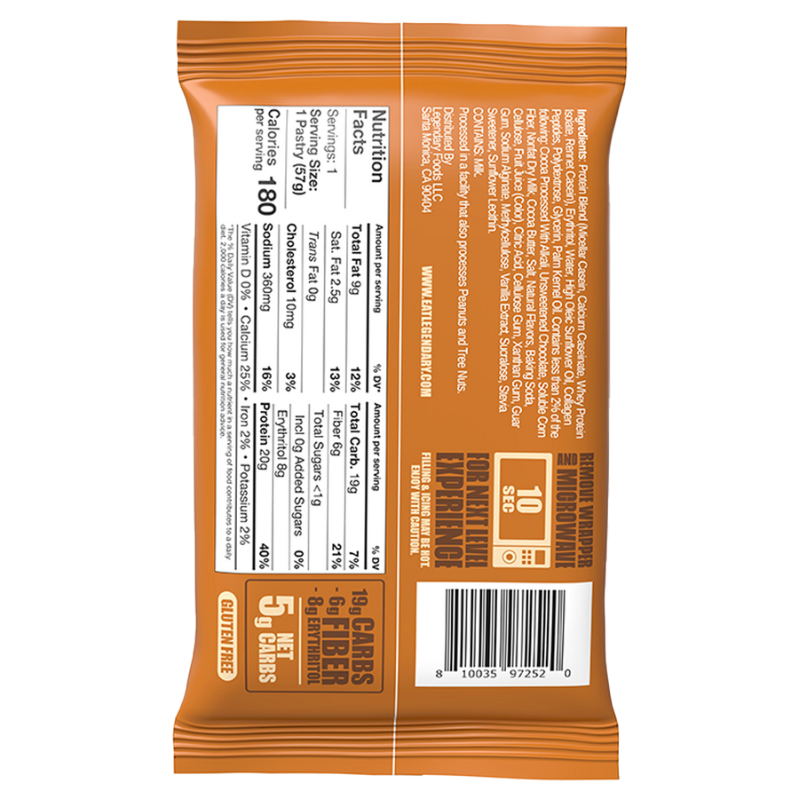 Legendary Foods Back view of a protein bar packaging with nutritional information and branding.