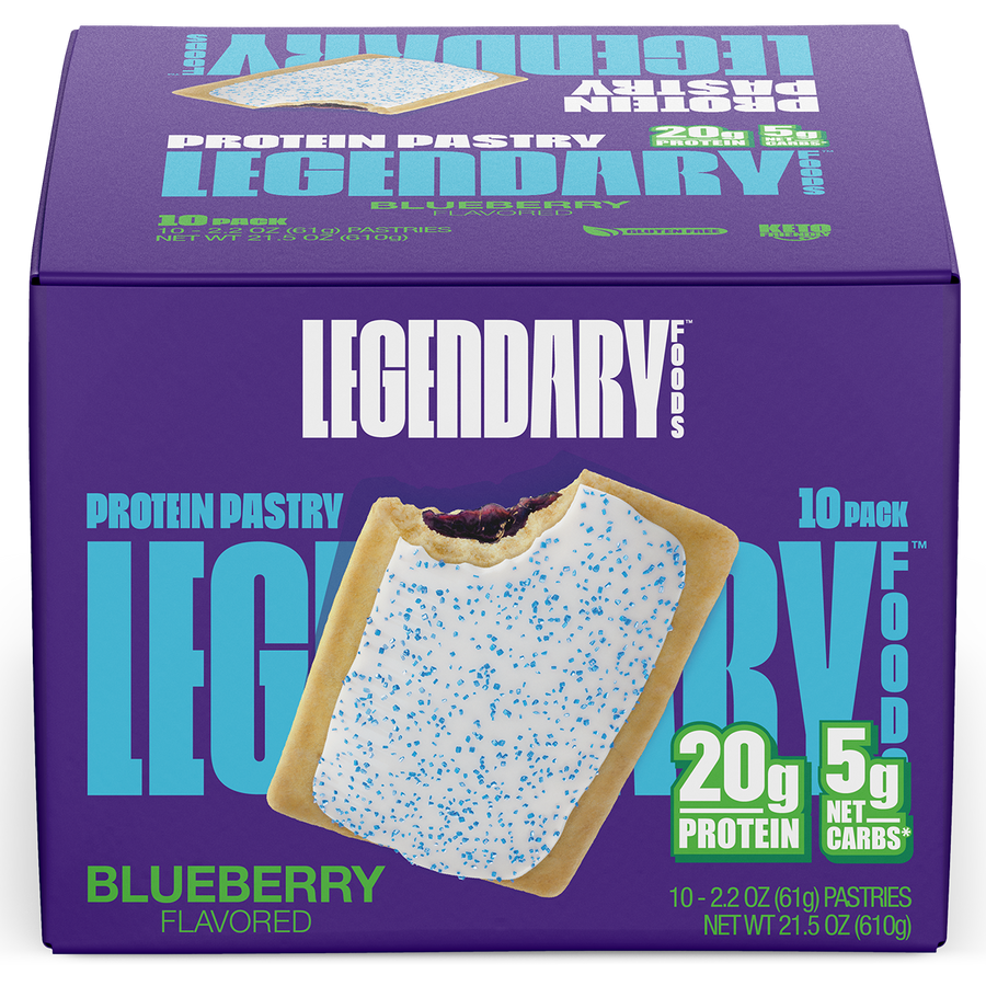 Legendary Protein Pastry Blueberry Flavored with a graham cracker and blueberry filling on a purple background.