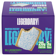 Legendary Protein Pastry Blueberry Flavored with a graham cracker and blueberry filling on a purple background.