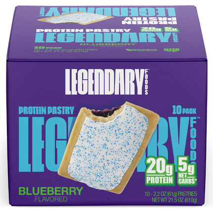 Legendary Protein Pastry Blueberry Flavored with a graham cracker and blueberry filling on a purple background.