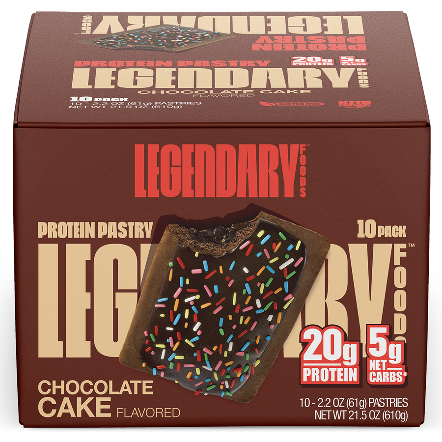 Legendary Foods Protein Pastry with a chocolate cake flavor, featuring sprinkles.