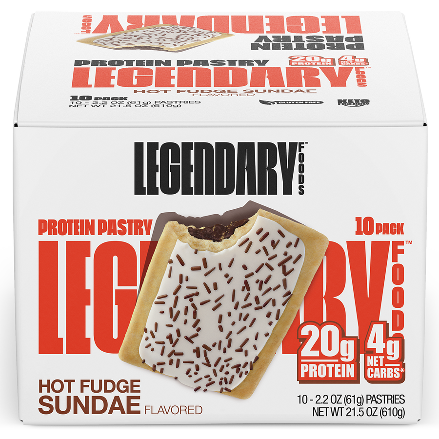 Legendary Protein Pastry Hot Fudge Sundae flavor on a white background
