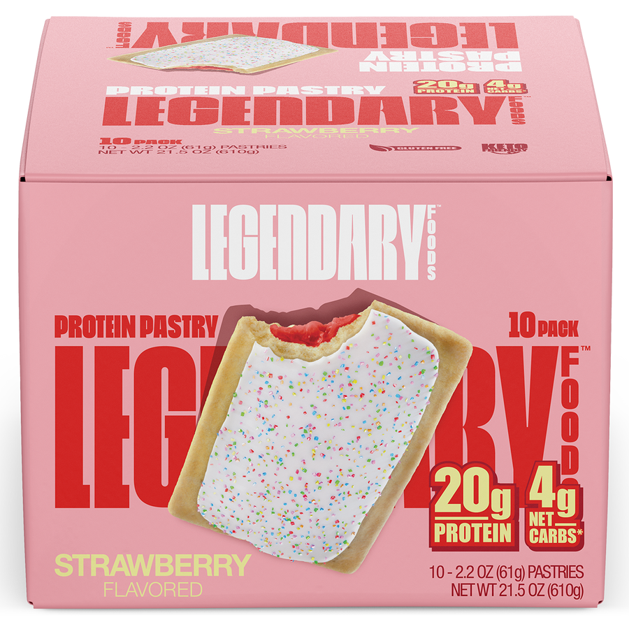 Legendary Foods Protein Pastry with strawberry flavor on a pink background