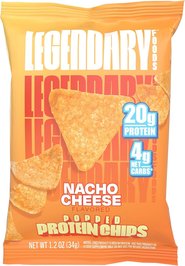 A bag of Legendary Foods Popped Protein Chips, featuring the brand logo and flavor-specific imagery.
