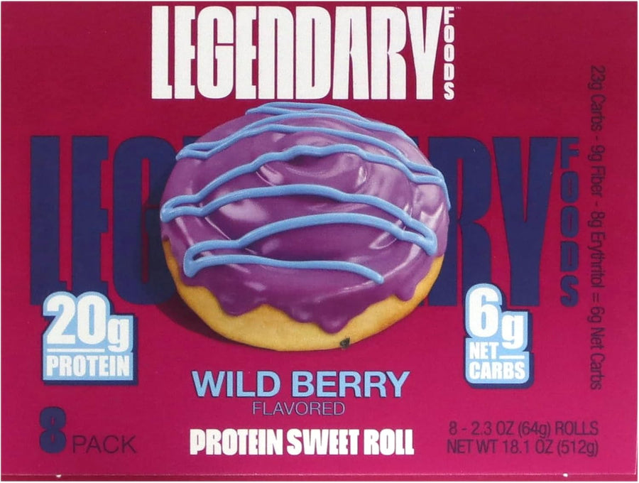 Box of Legendary Foods Wild Berry flavored protein sweet roll with purple frosting on a red background.
