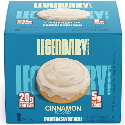 Legendary Foods cinnamon protein sweet roll with blue background