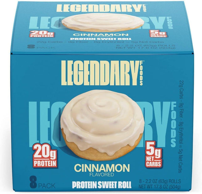 Legendary Foods cinnamon protein sweet roll with blue background