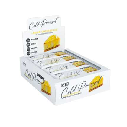 Box of 12 Fibre Boost Lemon Cheesecake flavoured cold pressed protein bars, high fibre and 20g+ protein