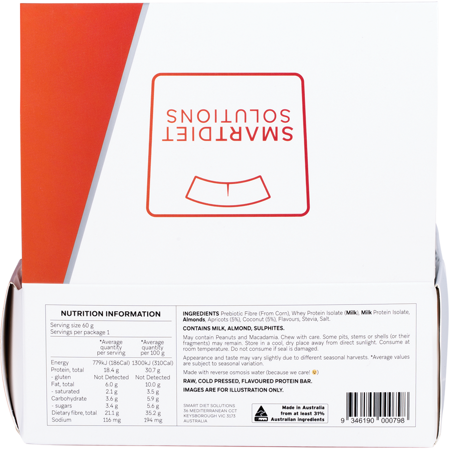 Back of a Smart Diet Solutions nutrition bar packaging with text and barcode.