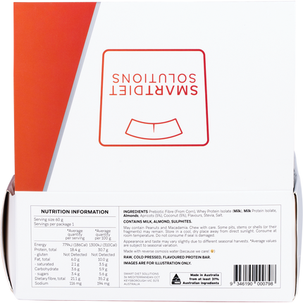 Back of a Smart Diet Solutions nutrition bar packaging with text and barcode.