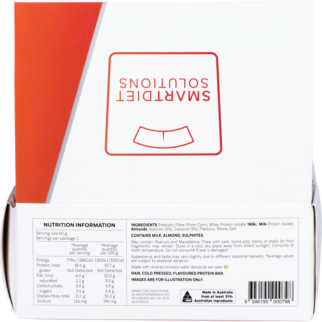 Back of a Smart Diet Solutions nutrition bar packaging with text and barcode.