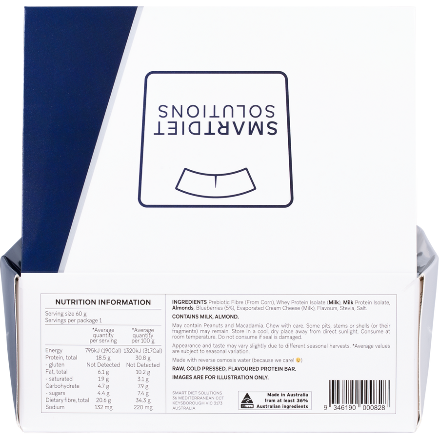 Smart Diet Solutions protein bar packaging with nutrition information on a white background