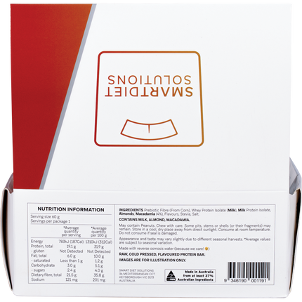 Back of a Smart Diet Solutions protein bar packaging with nutrition information.