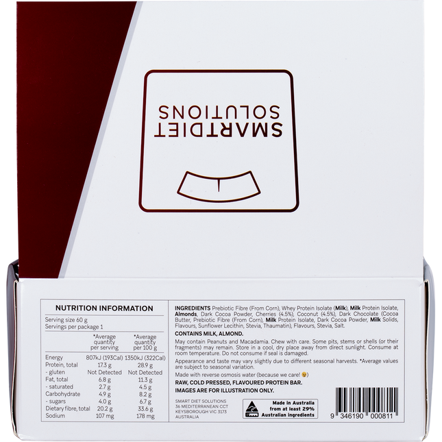 Back of a protein bar packaging with Smart Diet Solutions branding and nutrition information.