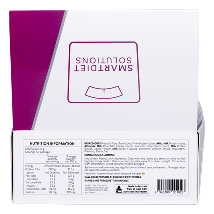 Back of a protein powder package with branding and nutrition information.