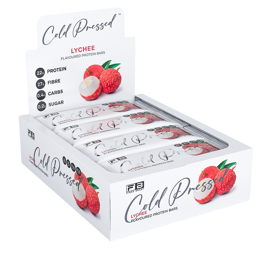 Box of Cold Pressed Lychee protein bars on a white background