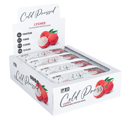 Box of Cold Pressed Lychee protein bars on a white background