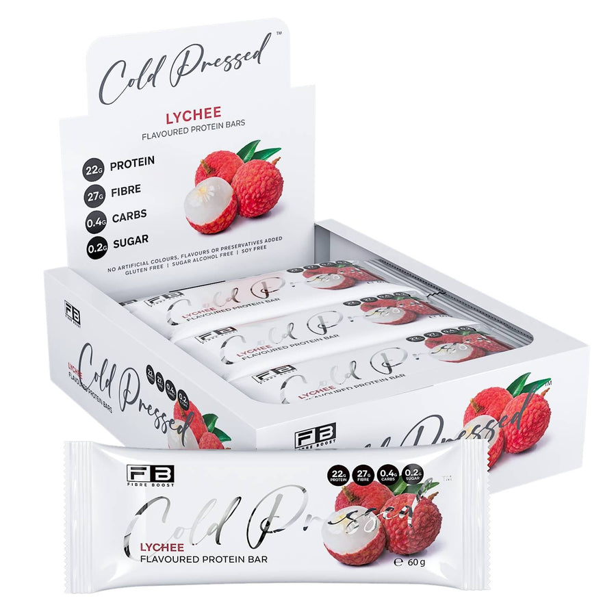 Box of Cold Pressed Lychee protein bars with packaging displaying lychee fruit and branding.