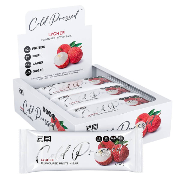 Box of Cold Pressed Lychee protein bars with packaging displaying lychee fruit and branding.