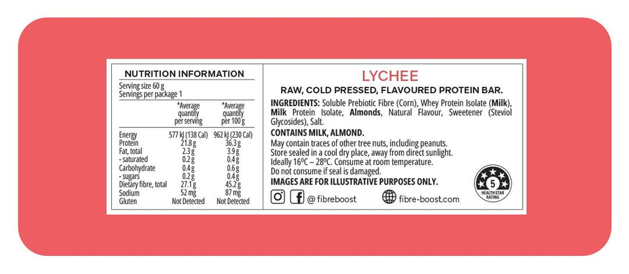 Nutrition label and ingredient list of a lychee-flavored protein bar on a red background