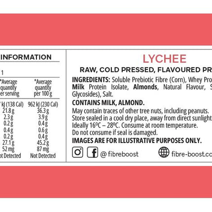 Nutrition label and ingredient list of a lychee-flavored protein bar on a red background