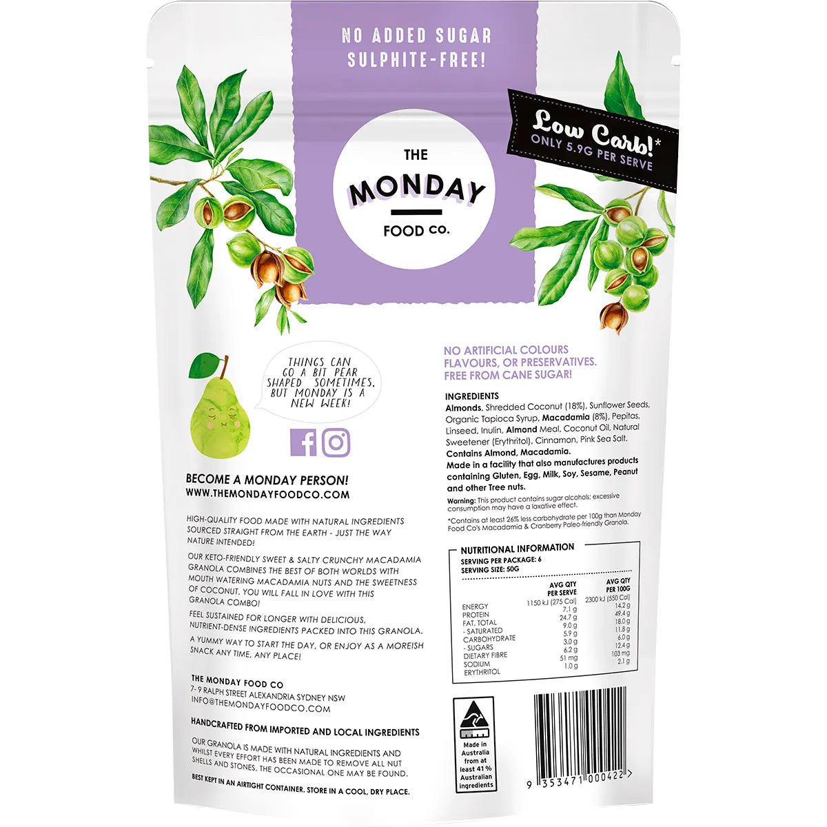 The Monday Food Co. Keto Gourmet Granola Sweet Crunchy Macadamia Clusters 800g